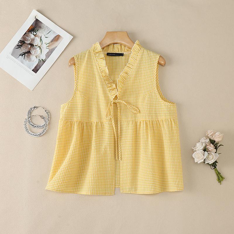 ZANZEA Women Plaid Print Casual V-Neck Sleeveless Blouse