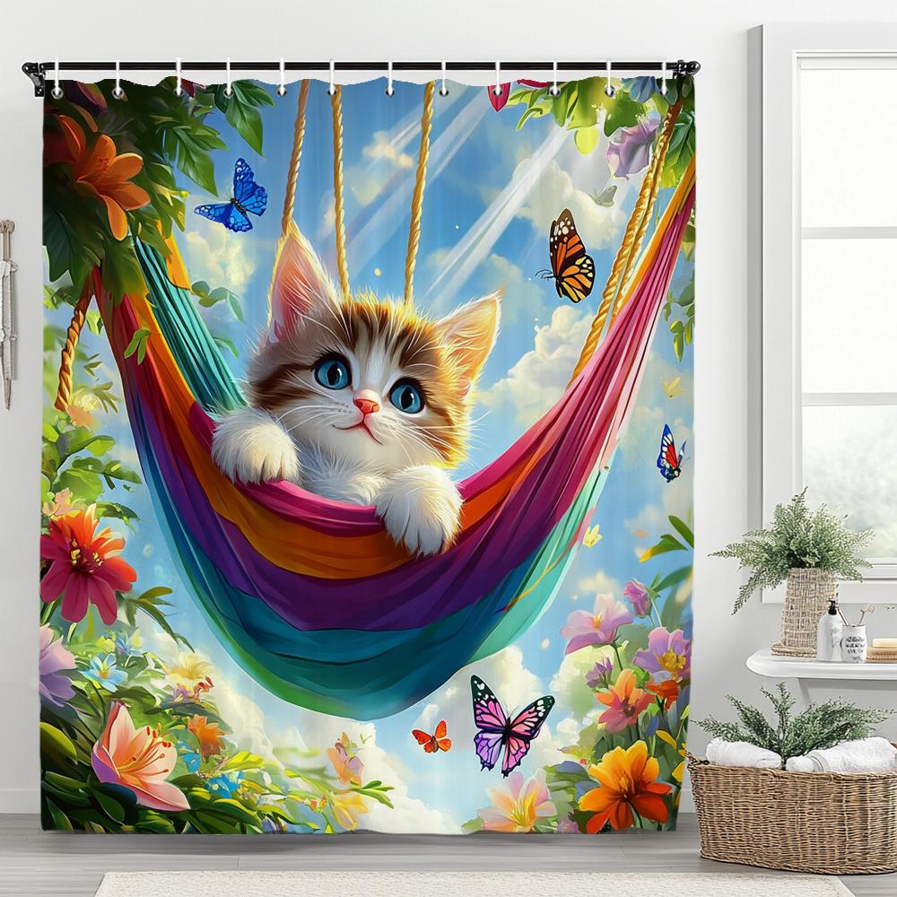 Lovely Hammock Cat With Flowers In Spring Shower Curtain, Bathroom Decorative Shower Curtain,Home Curtain With Hooks