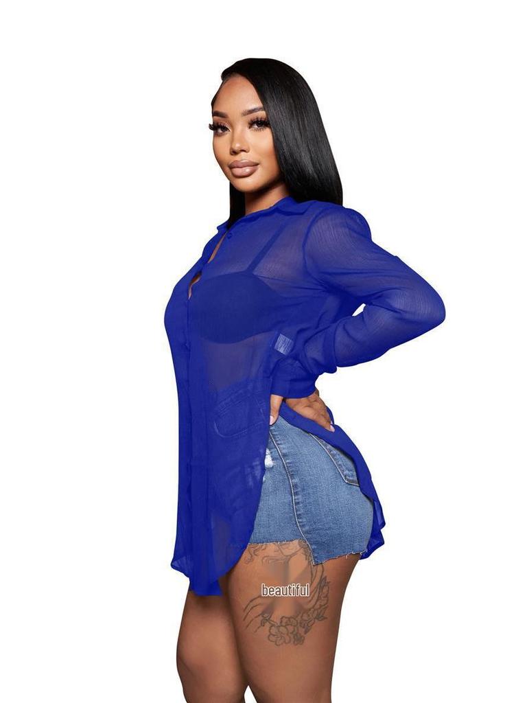 Women's Solid Color Sheer Chiffon Shirt - Sexy, Single-breasted, Long Sleeve, Loose Fit with Lapel and Split Design