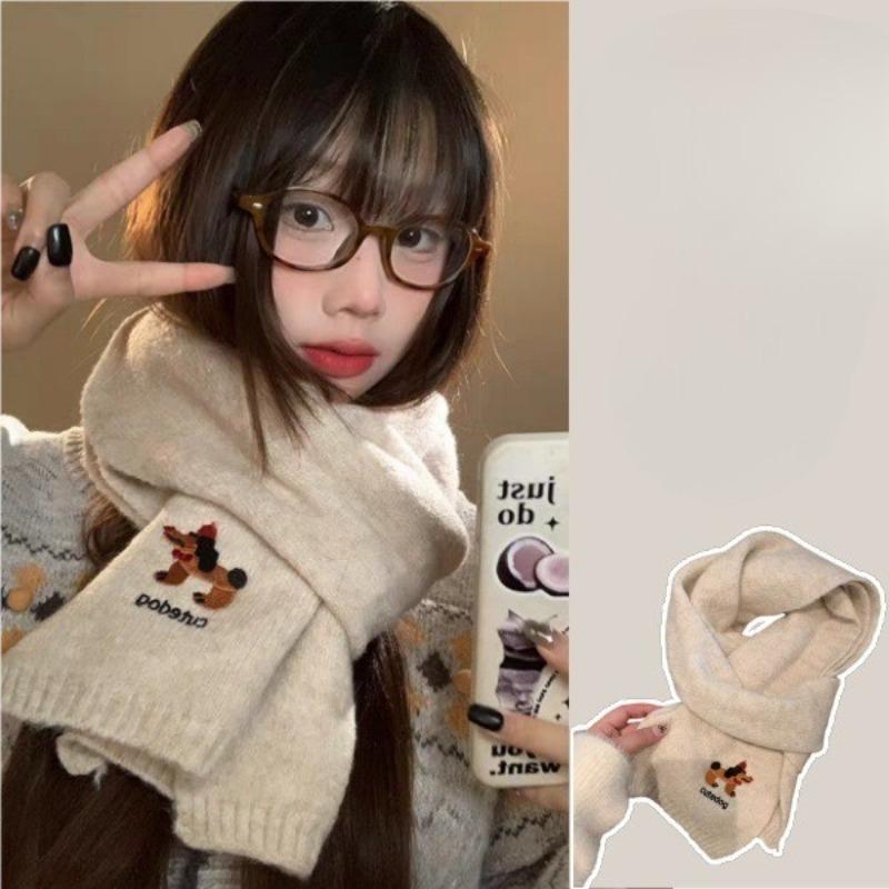 Cute Puppy Embroidered Scarf for Women Girls Autumn Winter Korean Style Warm Versatile College Style Couple Knitted Shawl Scarf