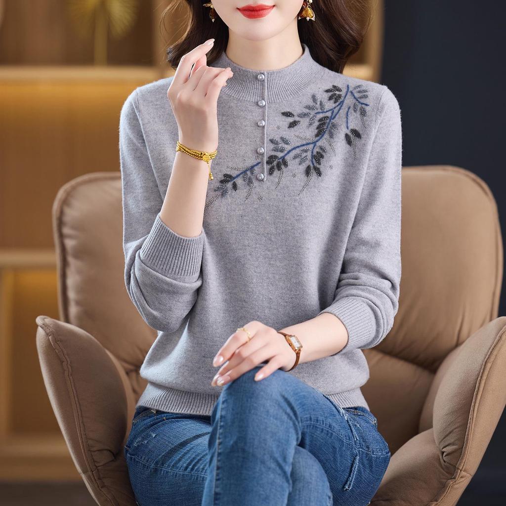 Stylish 100% Pure Wool Embroidered Sweater for Women - Autumn & Winter Half High Neck Knitted Sweater