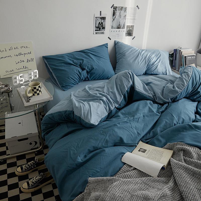 Bettlaken-Set im Ins-Stil, zweifarbig, Bettlaken aus gewaschener Baumwolle, Bettbezug, Bettlaken, 3-teiliges Set, Bettdecken-Set, Queen-Size-King-Size