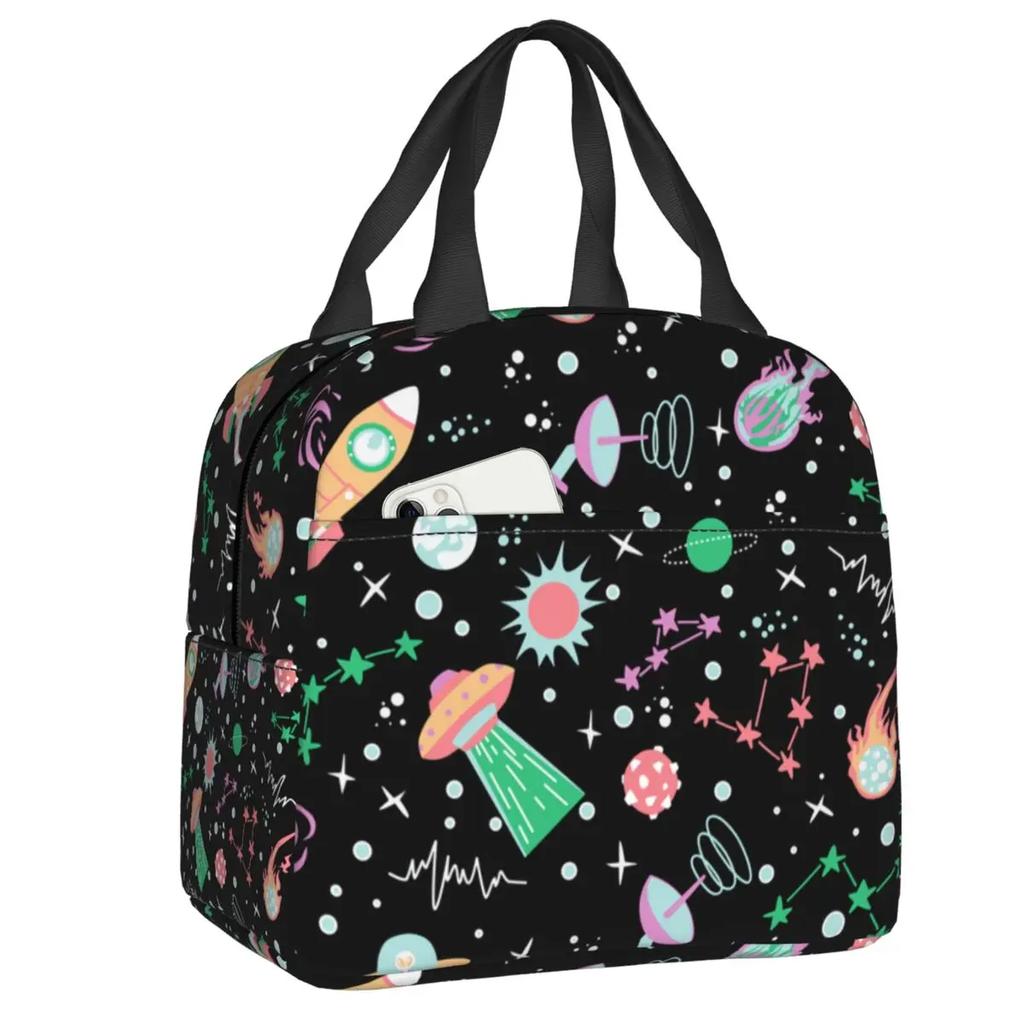 Cartoon Space Planet Rocket Thermal Insulated Lunch Bag Women Astronaut Spaceship Portable Lunch Box for Kids School Food Bags
