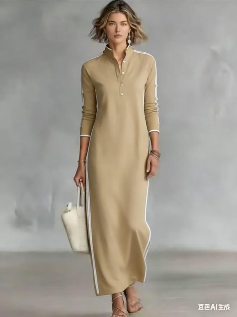 Black Long Sleeve Collar Dress with White Buttons and Stripes