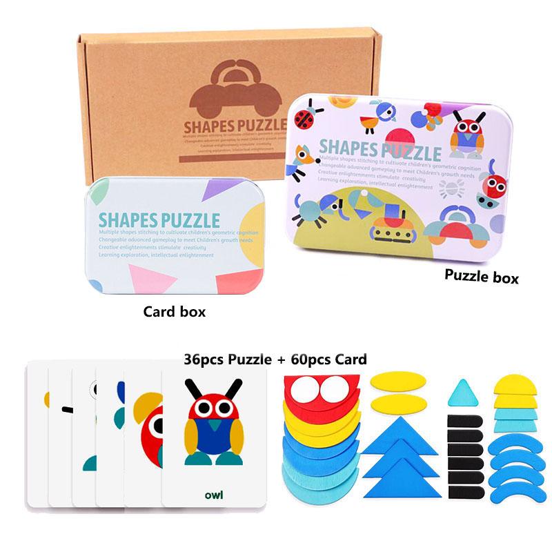 Geometric Shapes Wood 3D Puzzles for Kids Tangram Jigsaw Montessori Games Children Wooden Educational Toys with Box