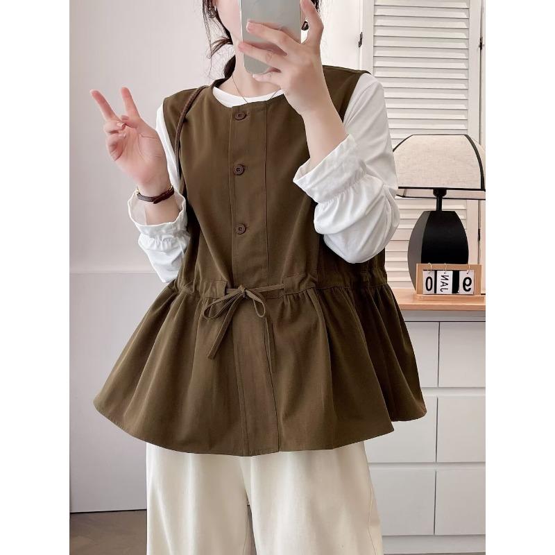 Plus Size Women Casual Solid Waist Cinching Sleeveless Vest Cardigan