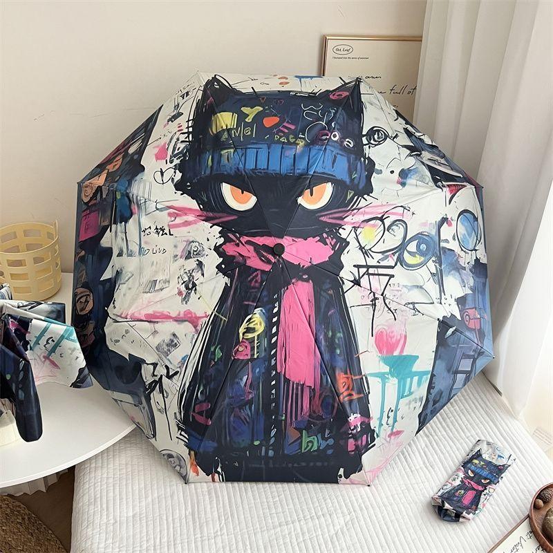 Doodle Cat Umbrella UV Black Glue Sun Umbrella Sun Rain Dual Use Auto Open Three Fold Umbrella Student Sun Proof Sun Shade