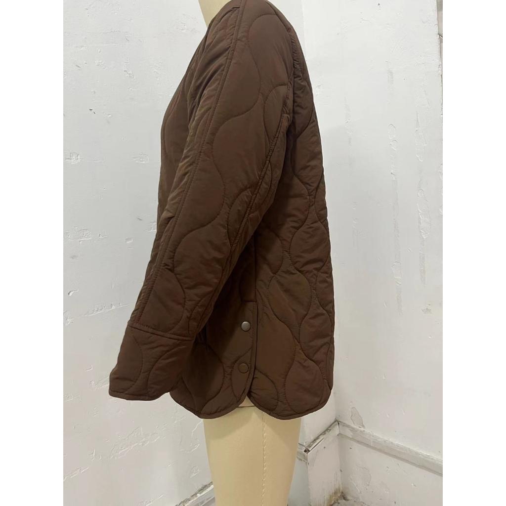 2025 Autumn Winter New European American Style Quilted Simple Solid Color Round Neck Loose Cotton Coat Outerwear