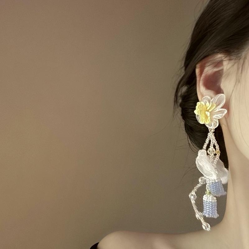 Silver needle chiffon glass rice bead lily of the valley fringed earrings Mori fairy energy earrings seaside vacation style earrings