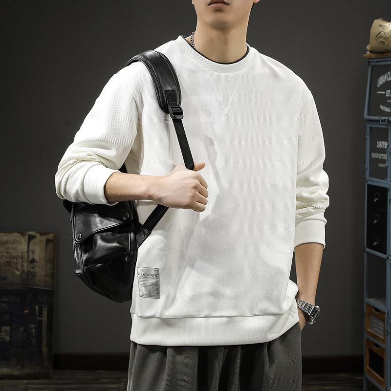 Jarní Americký Retro Pánský Svetr s Kulatým Výstřihem Volný Trend Raně Jarní Chuligánský Pohledný Dlouhý Rukáv Jednoduchá Jednobarevná Mikina