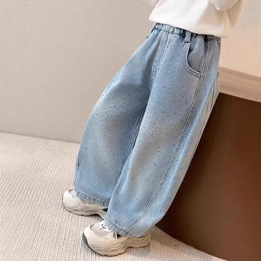 Spring Autumn Kids Girl Jeans Loose Casual Kids Denim Pants with Embellishments Children Girls Shiny Trousers