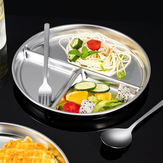 Prato redondo para alimentos com bordas espessas de qualidade alimentar, aço inoxidável, 3 compartimentos, bandeja para refeições, utensílios de cozinha