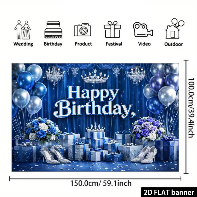 2D Queen Themed Blue Silver Birthday Backdrop Banner Glam Women's Party Decor Background