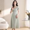 Elegant Green Square Neck Tea Break Dress: Short-Sleeved, Waist-Cinching, High-Class Summer Arrival