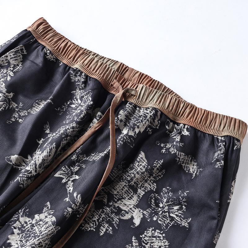 2026 Spring Women's Ink Wash Wide-Leg Drawstring Pants - Retro, Elastic Waist, Casual Loose Fit