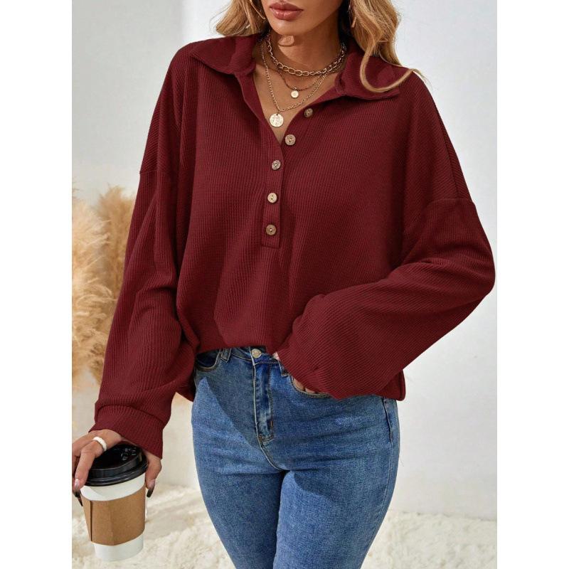 Autumn Winter Turn Down Collar Casual Fashion Sweatshirt Women Solid Color All-match Buttons Pullover Top