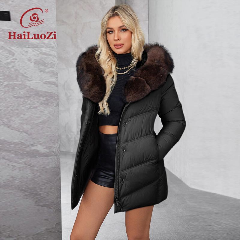 HaiLuoZi 2024 neue Winterjacke mit Kapuze, Kunstpelzkragen, Damenparka, einfarbig, Damen-Baumwollkleidung 622-1