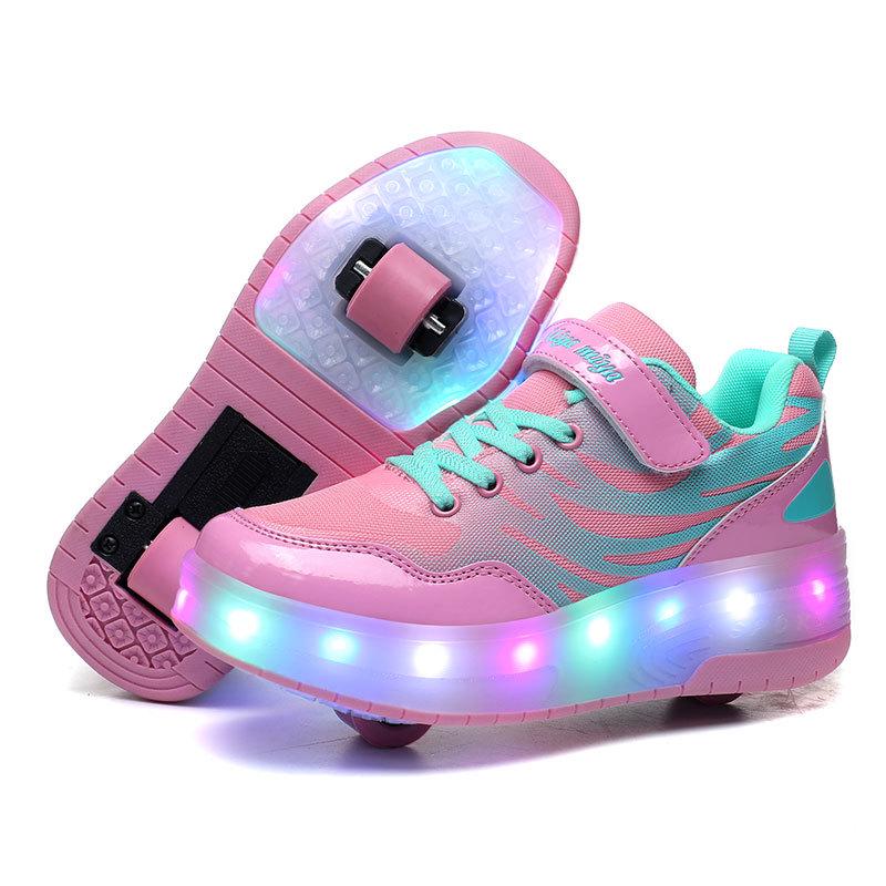 Children's Purple and White Convertible Four-Wheel Roller Shoes with Double-Wheel Hidden Skates