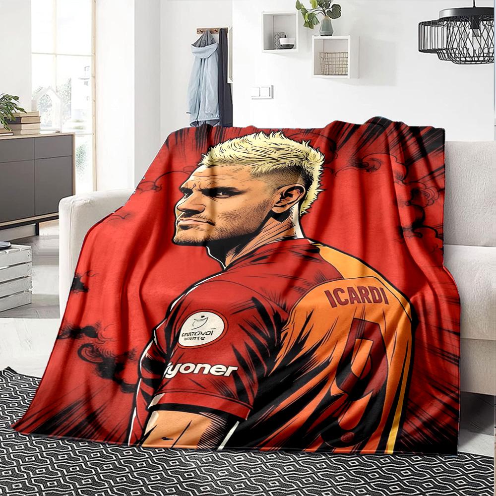 Red Comic Style Football Player Portrait Print Flannel Throw Blanket, Soft Warm Cozy Bed Sofa Cover for Sports Fan Home