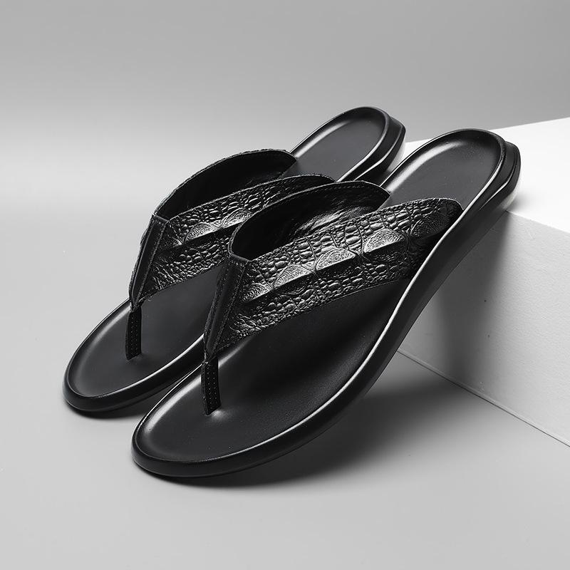 Men's Genuine Leather Toe Post Flip-Flops: Casual Embossed Summer Sandals
