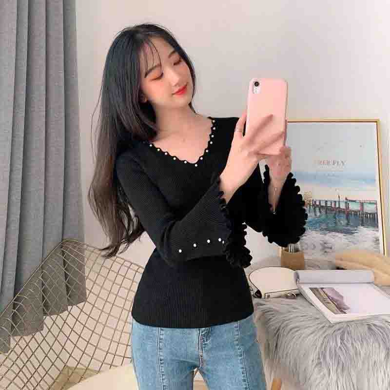 Knitwear Women's V-neck Long-sleeved Sweater Women's Outer Wear Beaded Fashion Casual Pullover Bottoming Shirt