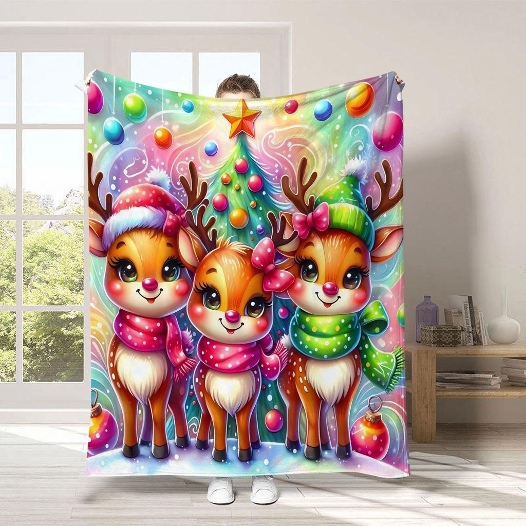 Festive Spotlight Santa Reindeer Custom Print Blanket Lantern Moon Personalized Blanket for Bedroom Sofa Christmas Home Gift