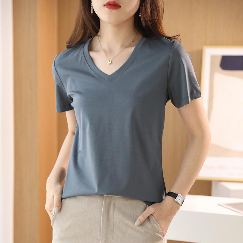Women's V-Neck Mercerized Cotton Short-Sleeve T-Shirt - 2025 Summer Collection, Sweetheart Neckline