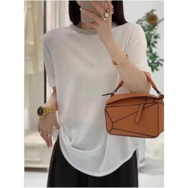

Thin Soft Comfortable Breathable! Fashion Woven Cotton Rhinestone Small Stand Collar Ribbon Pure Color Long Girlish Style Summer T-shirt Loose White L