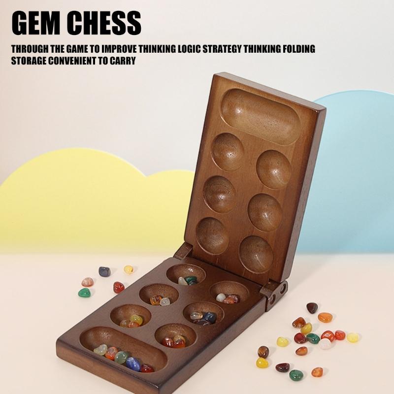 Portable Wood Chesses Game with Gemstones Pieces and Safe Storage Box Suitable for Kids Logics Training and Travel Use