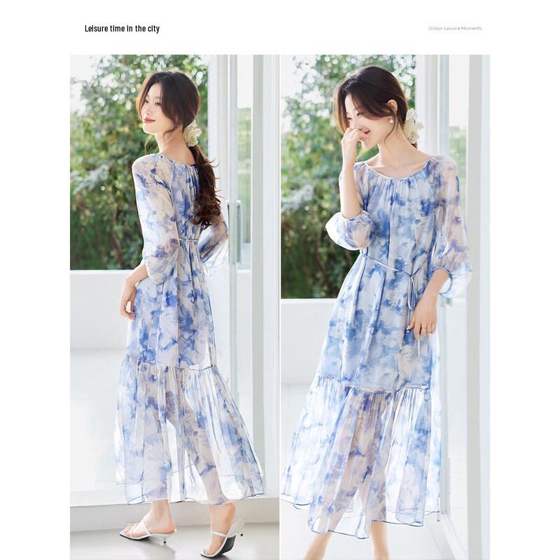 Mohan Yimei Raglan Sleeve Printed A-Line Midi Dress