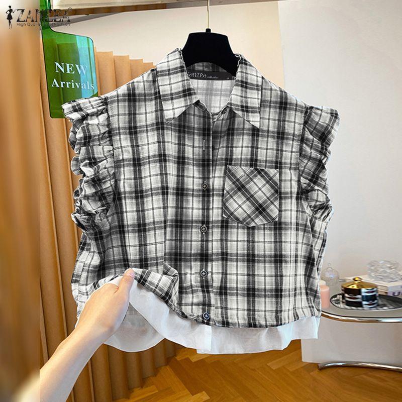 ZANZEA Women Casual Turn Down Collar Sleeveless Plaid Print Blouse M