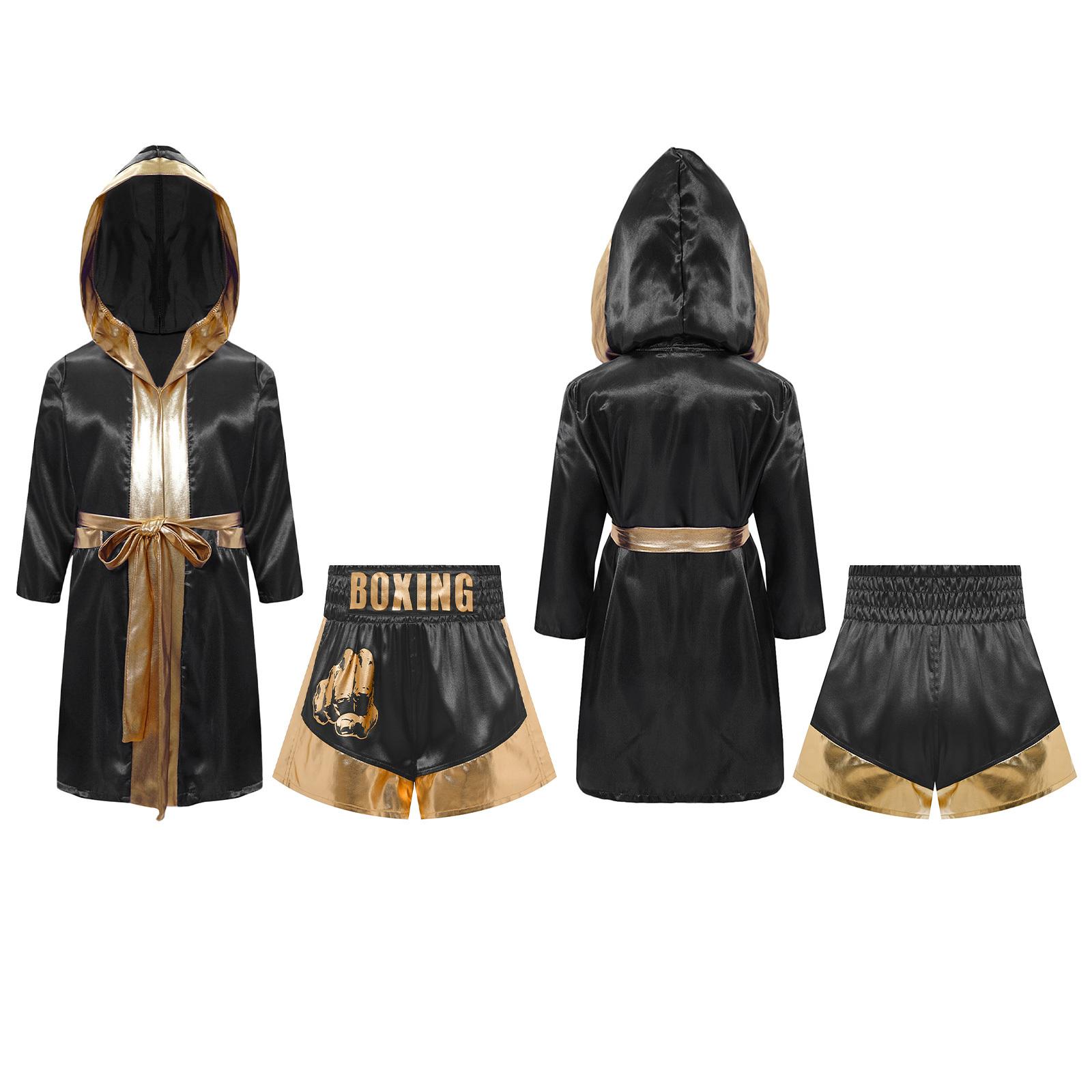 

Kids Boys Girls Boxing Halloween Costume Set: Long Sleeve Satin Robe with Belt, Metallic Trim & Color Block Split Shorts 5-6 Years золотий/чорний