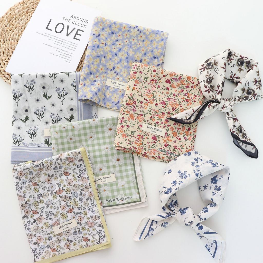 Korean Style All-Matching Floral Square Scarf Cotton Small Scarf Retro Women's Thin Fresh Decoration Silk Scarf Headband