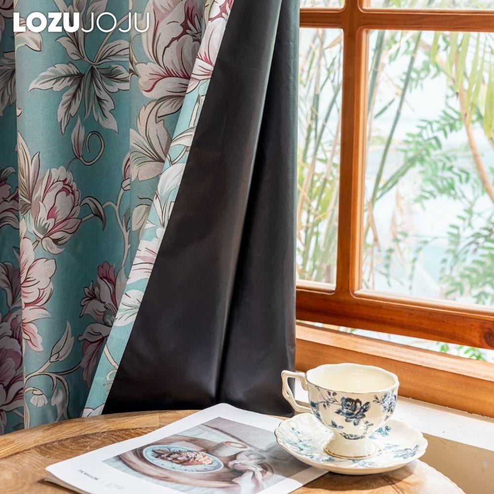 1PC LOZUJOJU American Countryside Style Peony Printed Blue Curtains with Full Blackout Curtains for Bedroom Living Room Balcony Window for Home Decor