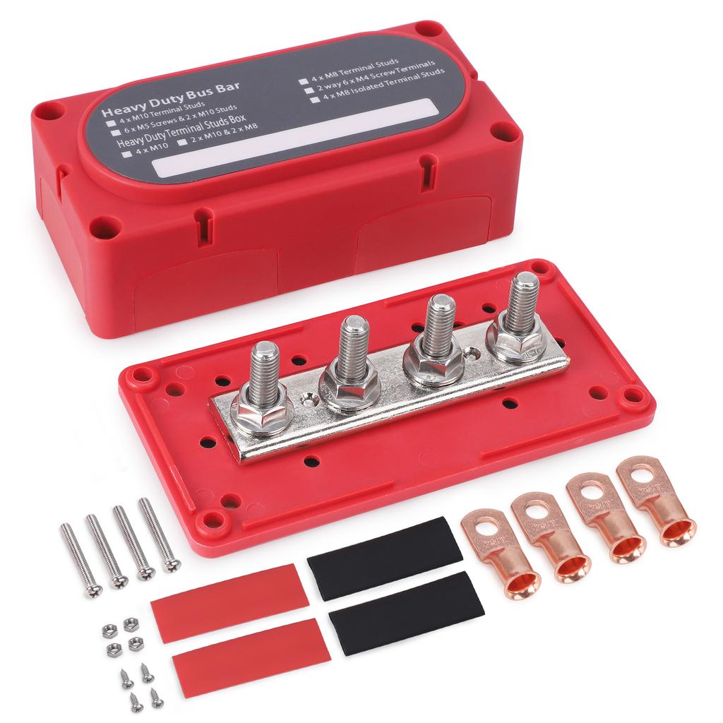 Power Distribution Block Module Heavy Duty Bus Bar 4 Studs Single Row 12-48V Copper Nickel Nylon M6 M8 M10 For Truck Car Boat