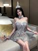 Fashion Sexy Korean Women Tank Mini Dress 2025 New Tops Dresses Mesh Lace Sheer Sexy Gray Couple Dress Elegant New Tops ERB8