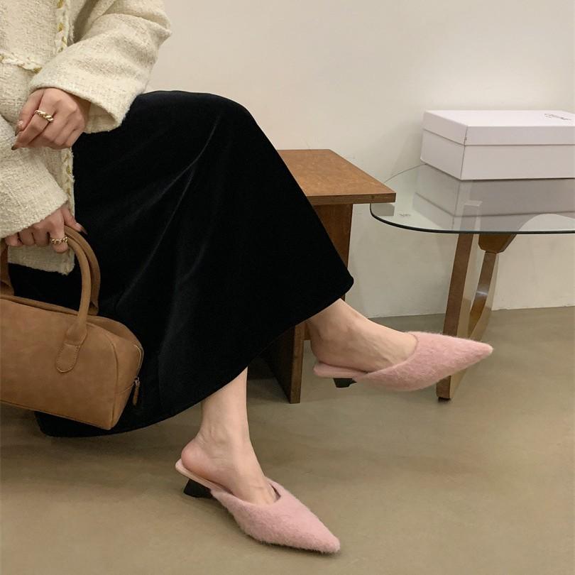 Suede Muller shoes autumn and winter special-shaped heel autumn and winter fluffy slippers women's outer wear bag head rabbit hair warm French sma