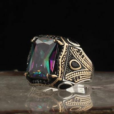 Retro Handmade Turkish Signet Ring for Men Silver Color Carving Pattern Inlay Multicolour Zircon Party Punk Motor Biker Ring