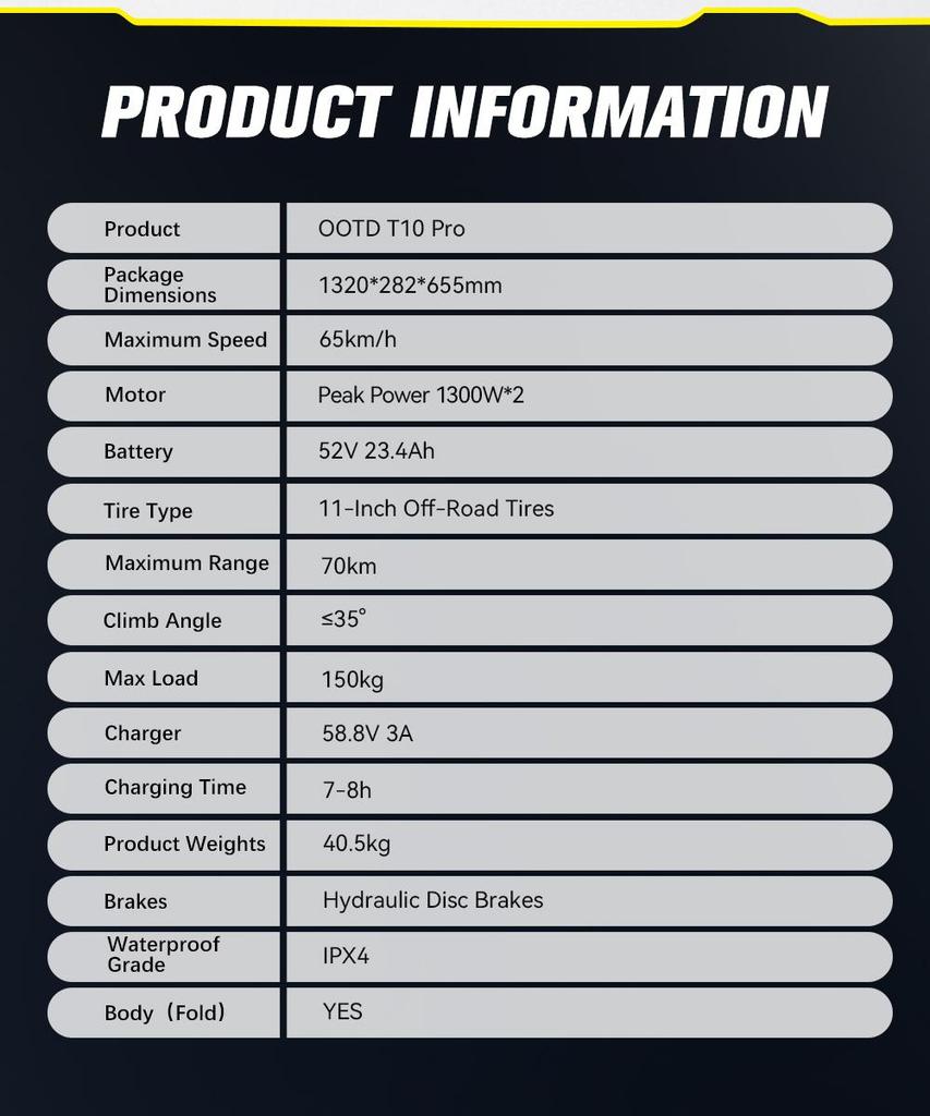 Electric Scooter OOTD T10 Pro 11" 1300Wx2 Motor LCD Display 52V 23.4AH Full Suspension Electric Scooter For Adult Max Load 150Kg