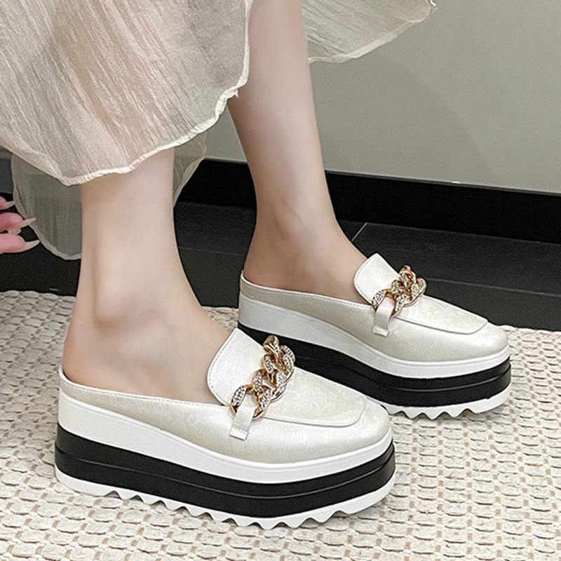 fashion Metal Chain Decor Chunky Platform Mules for Women 2024 Summer Thick Sole Wedge Slippers Woman Closed Toe Slip On Casual Slides