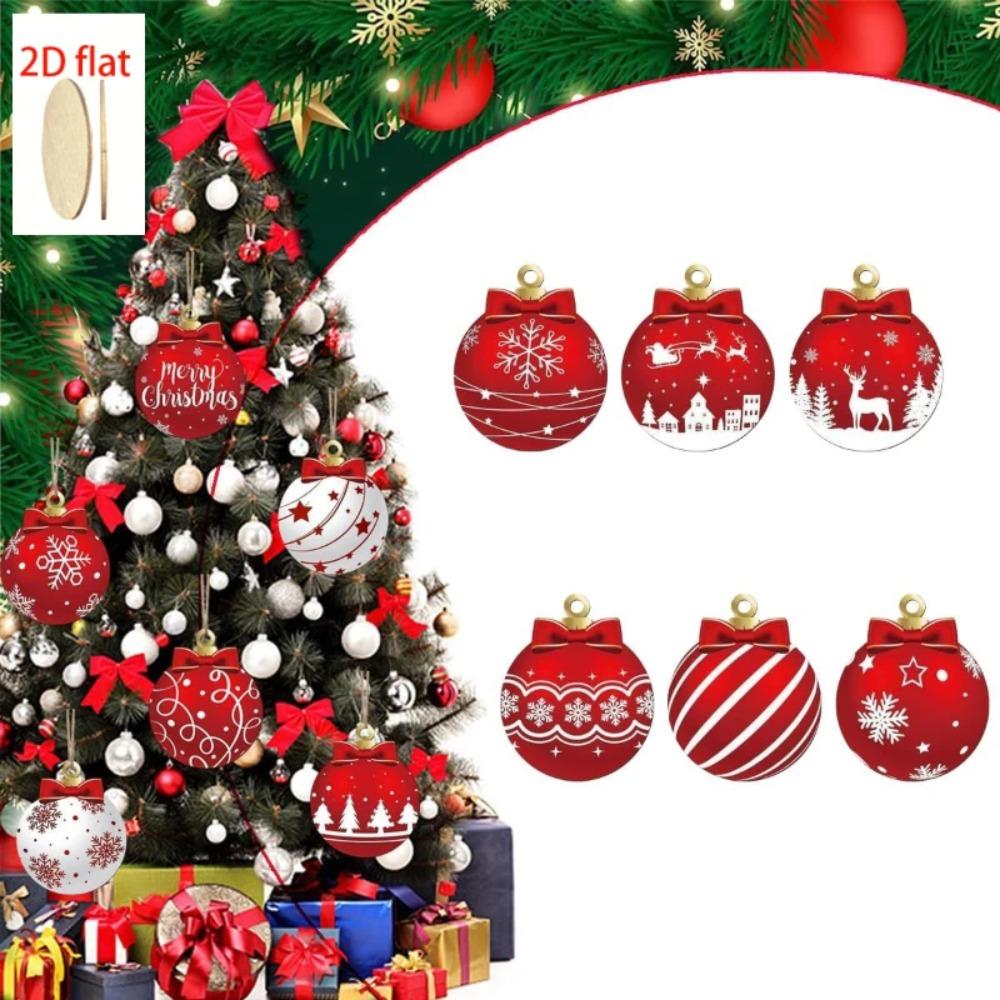 12PCS Red White Wooden Christmas Ball Ornaments Elk Snowflake Pattern Party Winter Holiday Home Xmas Tree Hanging  Decoration