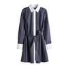 Spring and Summer New Women's Clothing Fold Collar Micro Drop-Shoulder Long-Sleeve Waist Belt Shirt Style Dress 1282331