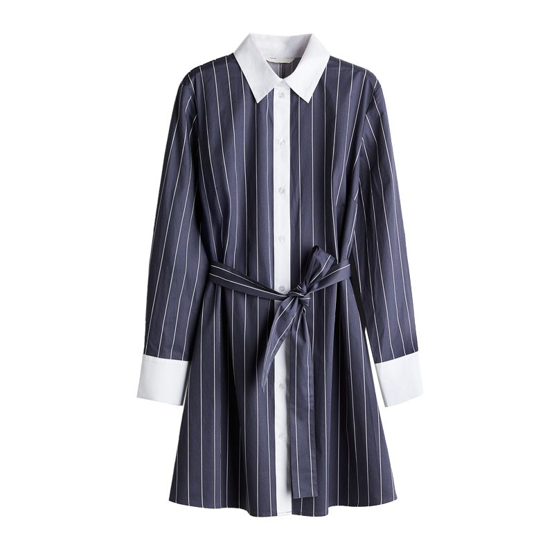 Spring and Summer New Women's Clothing Fold Collar Micro Drop-Shoulder Long-Sleeve Waist Belt Shirt Style Dress 1282331