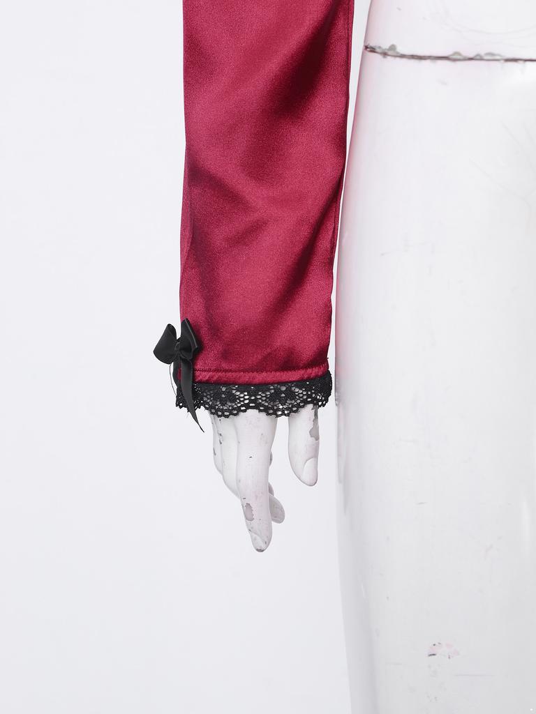 Women Victorian Gothic Bolero Shrug Floral Lace Trim Stand Collar Long Puff Sleeve Front Lacing Crop Cardigan Shawl for Vampire Cosplay Costume