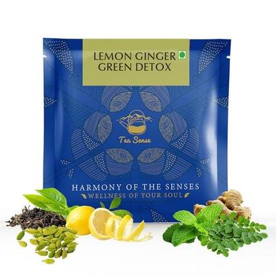 TEA SENSE Lemon Ginger Green Detox | 15 Pc | Pyramid Tea Bags In Sealed Pouches | Green Tea with Lemon and Ginger | Revitalising | Can Be Rebrewed