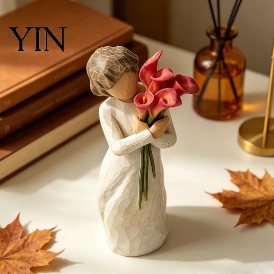 Minimalist Desk Ornament Girl Holding Bouquet Resin Figurine, Faceless Lady Statue, Romantic Desktop for Flower Statue Living Room Bedroom Home Decor,