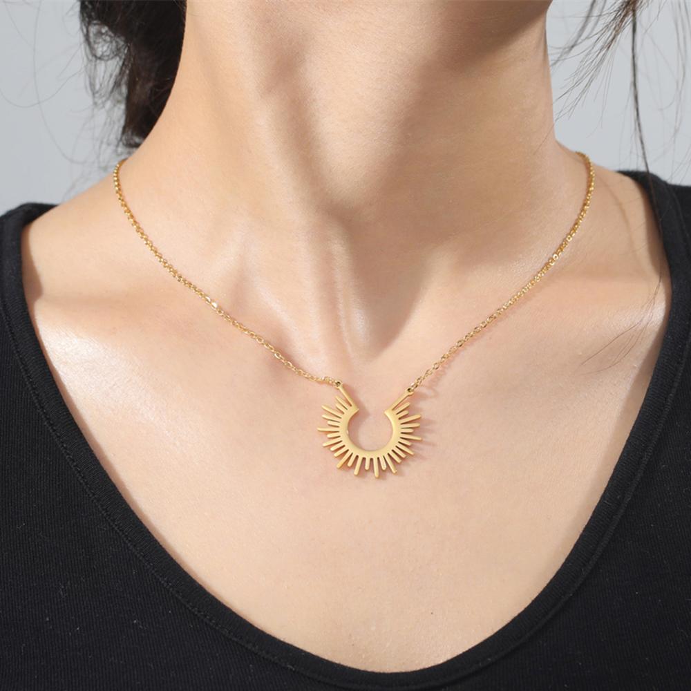 Cazador Rays of Sun Pendant Necklace for Women Half Circle Spiked Chocker Stainless Steel Jewelry Birthday Gift
