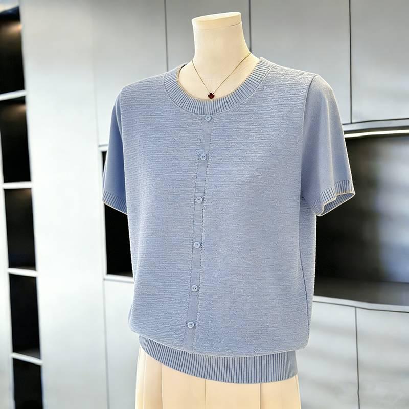 

Elegant Summer Knit Top: Ice Silk Short-Sleeve T-Shirt for Stylish Moms and Seniors 3XL (115-130 jin) небесно-голубой