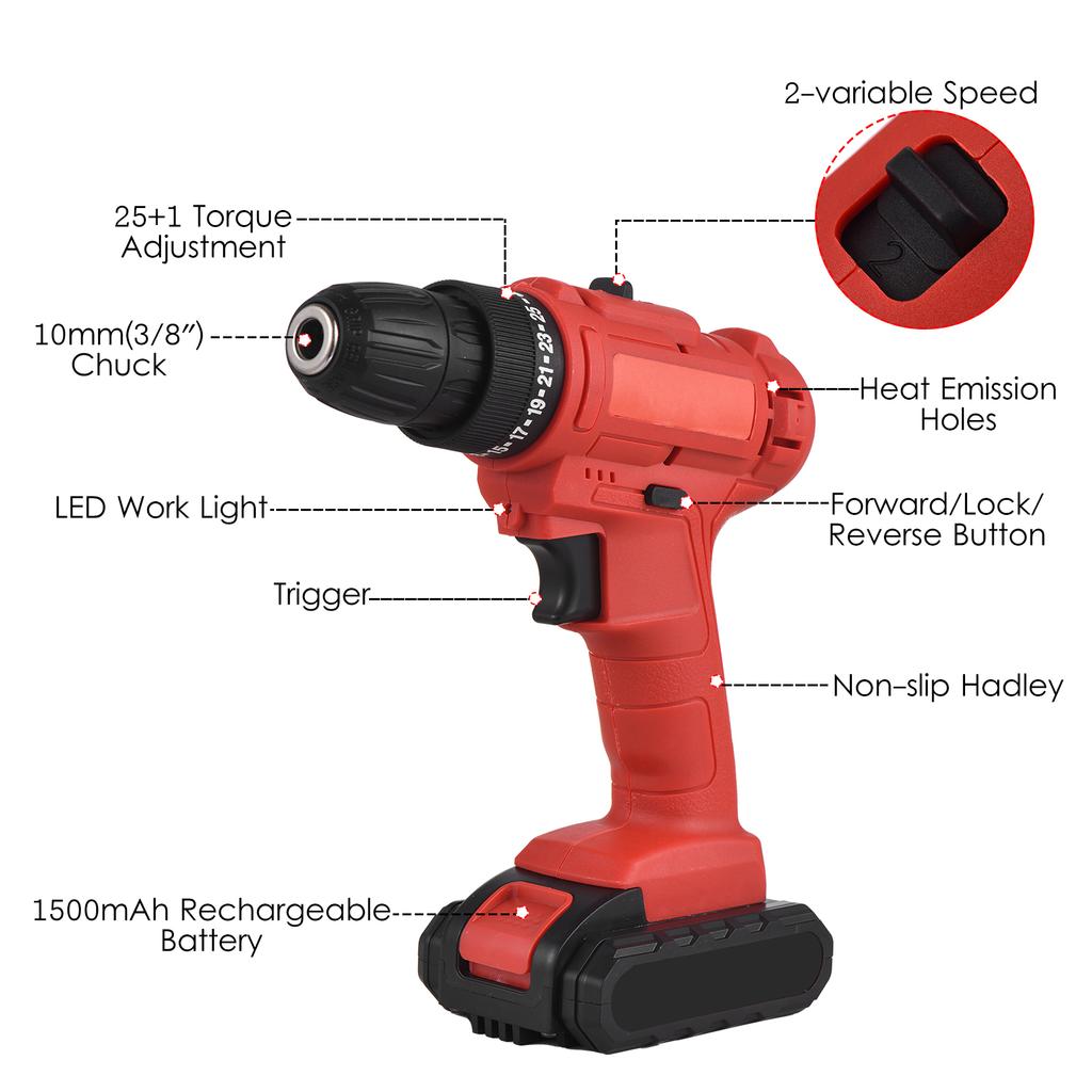 21V Portable Cordless Electric Drill 3Celsius8 Inch Chuck Handheld Power Drill Screwdriver with 1.5Ah Battery  , Bits Sleeves Extension Sha