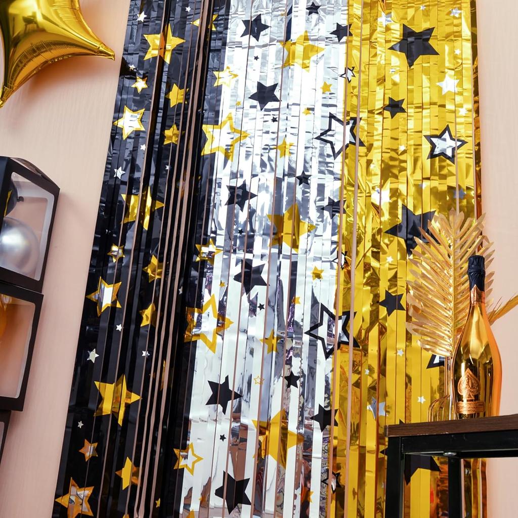 LOLStar New Years Eve Party Supplies 2026, 2 Pack Black Gold Silver Star Pattern New Years Decorations 3.3X6.6 Ft Foil Fringe Curta NYE Backdrop